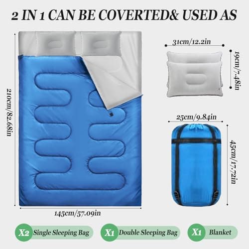 Sleeping Bag, Double Sleeping Bag with 2 Pillows Extra Large 3-4 Season Lightweight, Waterproof Indoor & Outdoor Use for Adults for Hiking, Backpacking and Camping Travel (Blue Double) — view 2