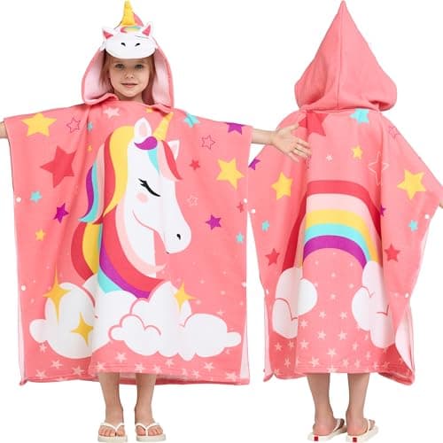 Joiedomi 24"x24" Kids Beach Towels with Hood for Girls Pink Unicorn Hooded Toddler Bath Towel Quick Dry Soft Microfiber