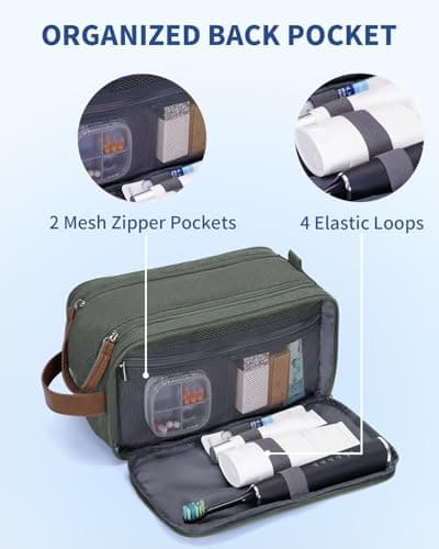 WANDF Toiletry Bag for Men Travel Wash Bag Toiletry Organizer Canvas and PU Leather Dopp Kit Water-Resistant Shaving Kit for Travel Accessories (Green, M, Patent Pending) — view 6