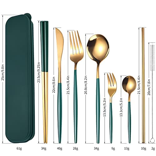 AARAINBOW Stainless Steel Flatware Set for 1, 8 Pieces Utensils Set for Lunch Box, Portable Fork Knife Spoon Set with Case, Reusable Cutlery Set Travel Utensils Set (Green Golden) — view 2