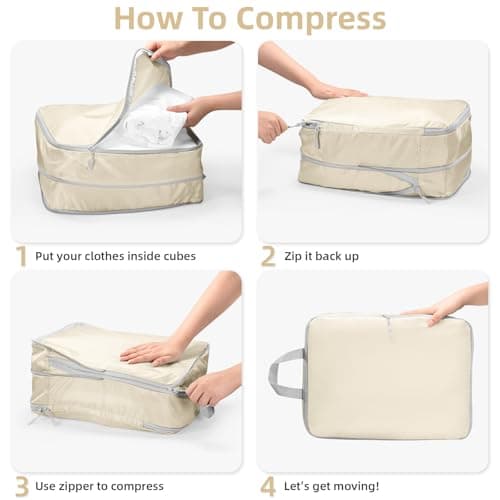 Compression Packing Cubes 7-Piece Set with Multi- Compartment Travel Bag, Waterproof Suitcase Organiser Bags,Travel Packing Cubes for Suitcases, Packing & Storage for Luggage (Beige) — view 4