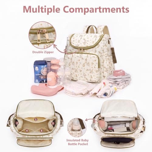 SDSFGX Floral Nappy Changing Bag Backpack Cotton Quilted Diaper Rucksack for Mums Baby Travel Backpack with Stroller Strap — view 3