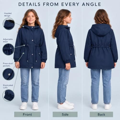 Navy Girls Waterproof Jacket Windproof Hooded Raincoat Outdoor 13 Years — view 4