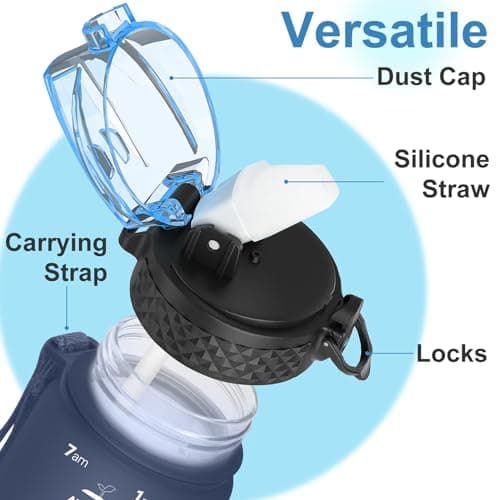 GOPPUS 500ml/17oz Kids Water Bottles with Straw Tritan Childrens Bottle with Flip Top Lid BPA Free Measured Drinks Bottle with Strap Sports Reusable Time Markings Leakproof (Gray Blue) — view 3