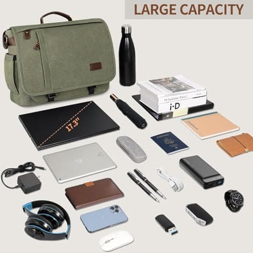 Estarer Messenger Bag 17.3 Inch Upgraded, Water-resistant Canvas Laptop Bag, Computer Shoulder Bag for College Travel Work,Army Green — view 3