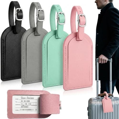 ZIOYANE 4Pcs Luggage Tags, Suitcase Tags Leather Baggage Labels with Adjustable Buckle Strap & Privacy Cover Luggage Tag for Air Travel & Business Trips (4 Colours)