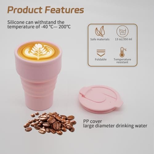 EYQ Collapsible Coffee Cup 375 ml, 12oz Silicone Foldable Coffee Mug, Lightweight Reusable Tea Cup for Hot and Cold Drinks for Office Fitness Gym Outdoor Sports Travel Camping Yoga, Pocket Size (Pink) — view 5