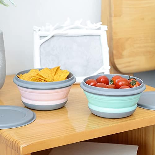 Anicy Foldable Camping Bowls - 3 Pieces Silicone Collapsible Bowl with Lid Portable Food Storage Container Bowl Round for Hiking Kitchen School Outdoor (Green) — view 3