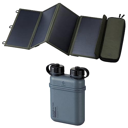 ELECOM NESTOUT 4-Panel Solar Charger 28W (Olive) & 15000mAh Outdoor Power Bank (Grey) – Bundle