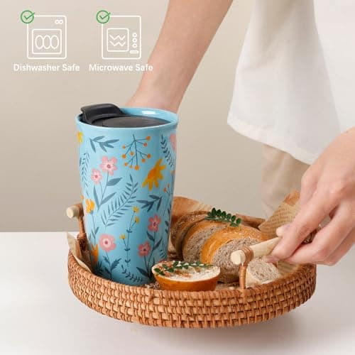 ANTIS'S HOME Ceramic Travel Mug with Lid, Double Wall Coffee Cup with Flower Pattern, Reusable Tumbler for Hot Drinks, Microwave & Dishwasher Safe, Gift for Office, Home & Christmas, Blue — view 6