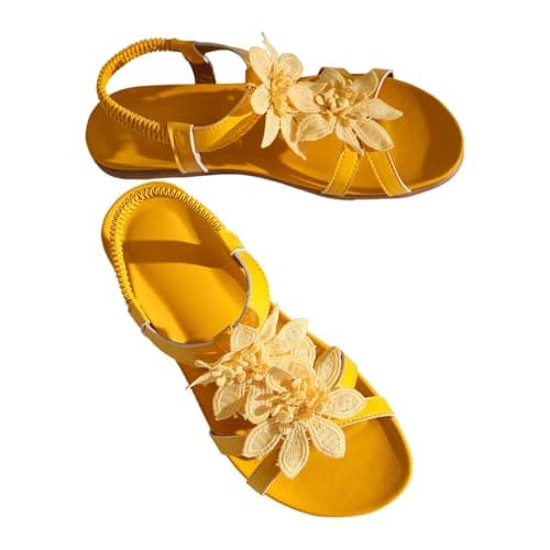 DFEK Womens Flat Sandals Summer Embroidery Flower Beach Flip Flops Ladies Thongs Elastic T-Strap Bohemian Shoes Casual Vacation(A02 Yellow,5) — view 3