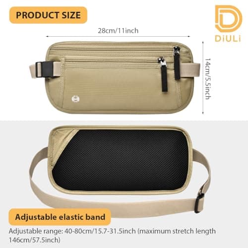 DiULi Bum Bag with RFID, RFID Blocking Anti-Theft Passport Holder Waist Bagfor Passport Holder Cash Phone, Hidden Travel Wallet for Secure Travel, Underclothes Bum Bag for Men & Women, Khaki — view 2