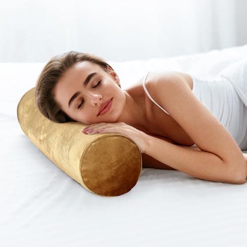 Qinyoung Luxury Velvet Round Pillowcase 17 Inches - Cervical Neck Roll for House Home Decor - Cylindrical Bolster Cushion (Gold, 2 Pcs) — view 5