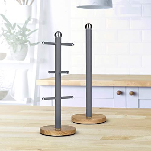 Swan SWKA17511GRYN Nordic Scandi Towel Pole/Kitchen Roll Holder with Non-Slip Wooden Base, Slate Grey, steel, Holds 1 Paper — view 6