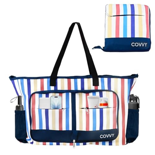 COVVY Beach Bag, Extra Large Women Tote Bag with Zipper Closure, Waterproof Phone Case,Bottle Opener, Multiple Pockets, Water Resistant Sandproof Foldable Lightweight Shoulder Bag for Vacation,Travel