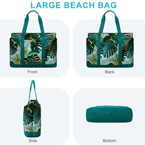 VASCHY Large Beach Bag with Zip, 30L Oversized Utility Travel Tote Bags for Women Waterproof Sandproof Summer Bag with Wet bag Foldable Handbag for Holiday Pool Gym Shopping Green Leaves — view 5