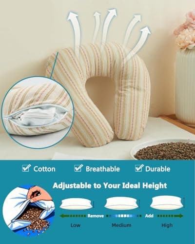 Edomi Buckwheat U Shaped Neck Pillow - 12''x12'' Adjustable Cervical Support Pillow with Breathable Buckwheat Hulls, Removable Cotton Cover, Ideal for Airplane, Office or Home Use (Khaki) — view 2