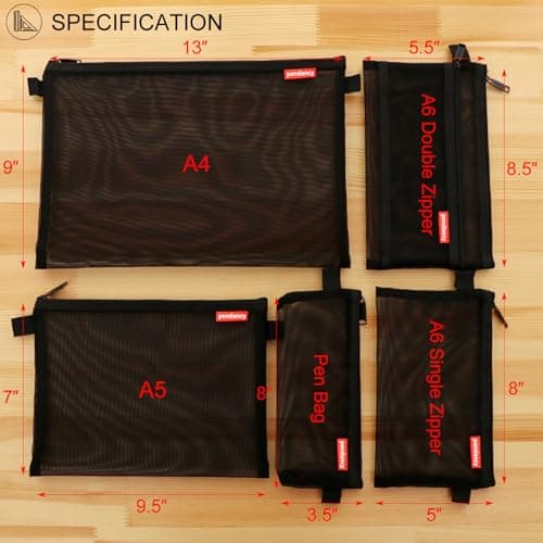 Pendancy Mesh Zipper Pouch 5pcs Lightweight Nylon File Folders Document Organizer Cosmetic Bags Accessories Storage for Travel and Office Supplies (Black, A4 A5 A6) — view 2