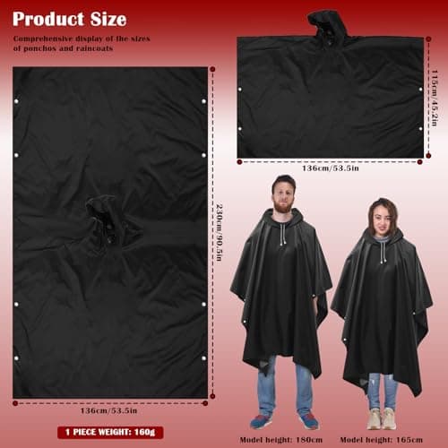 LEEPAT Waterproof Rain Poncho Adult Lightweight Reusable Hiking Rain Coat Jacket with Hood for Outdoor Hiking Camping Cycling Traveling (Black) — view 2