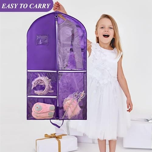 SPOKKI 2 Pcs 40 Inch Dance Costume Bag, Space-Saving Hanging Dress Bags with 5 Zippered Pockets, Waterproof & Foldable Travel Garment Bags with ID Slot - Ideal for Girl Dancers and Women (Purple) — view 6