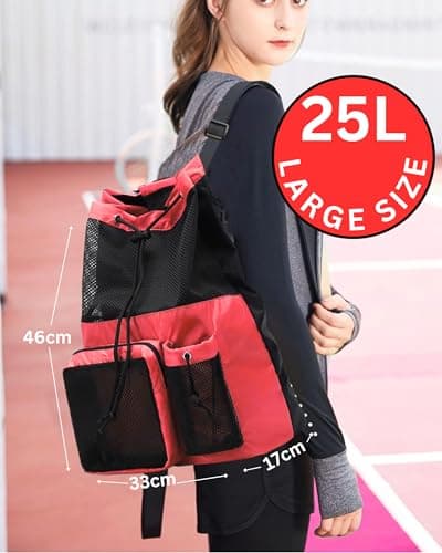 JIMJOOS Drawstring Mesh Swimming Bag - 25L Waterproof Swim Bag with Wet/Dry Compartment, Multifunctional Sports Backpack for Kids, Adults, Swimming, Surfing, Beach, Gym (RED) — view 5