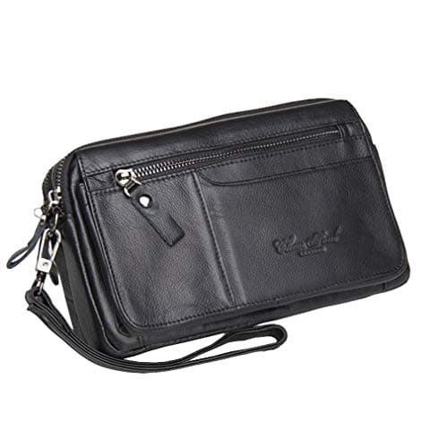 Men Clutch Bag Leather Wrist Purse for Men Women Travel Outdoor Business Organizer Wristlet Strap Pouch Coin Money Wallet Handbag Daypack Black — view 4