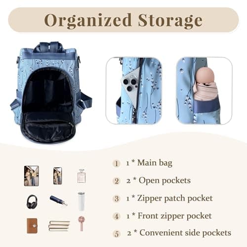 SODOLLEE Backpack Womens Anti Theft – Floral Small Rucksack Bag, Lightweight Water-Resistant Back Pack for Work, Travel & Holiday Blue — view 3