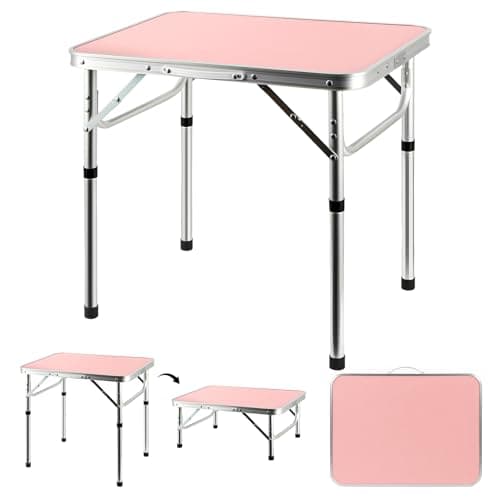 Minifactory Portable Folding Camping Table, Aluminium Outdoor Picnic Table with Carry Handle, Lightweight Foldable BBQ Table for Camping, Fishing, Garden, Beach, Market Stall and Travel (Pink)