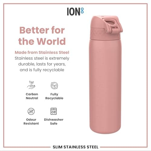 ION8 Lightweight Steel Water Bottle, 600 ml/20 oz, Non-Insulated, Leak Proof, Easy to Open, Secure Lock, Dishwasher Safe, Flip Cover, Fits Cup Holders, Carry Handle, Metal Water Bottle, Ash Rose Pink — view 5