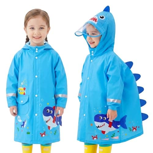 Adiwo Rain Poncho Girls Boys, Boys Girls Portable Raincoat, Kids Raincoats with Hood, Cartoon Poncho Toddler, Kids Lightweight Rainwear Waterproof Reusable, Blue Shark (M)