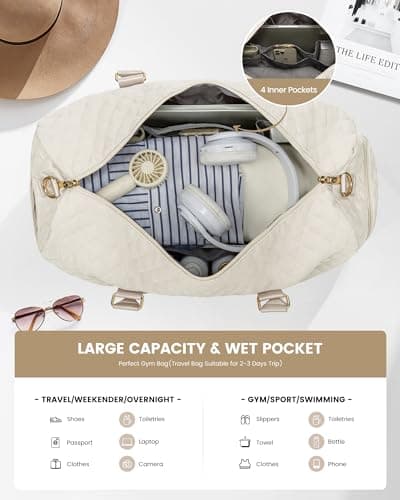 LOVEVOOK Travel Bags Gym Bag for Women, Weekend Hand Luggage Duffel Bag with Shoe Compartment & Wet Pocket for Sports, Waterproof Carry On Holdall for Plane Cabin, Large Hospital Overnight Bags, Beige — view 2