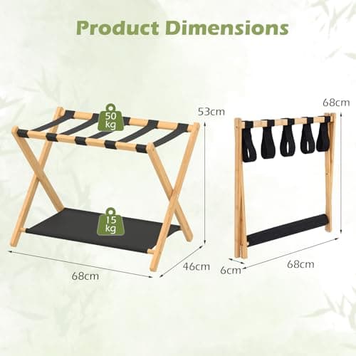 COSTWAY Bamboo Luggage Racks Set of 2, Folding Suitcase Stand with Straps and Oxford Cloth Storage Shelves, Portable Backpack Luggage Holder for Guest Room, Bedroom, Hotel, 68x46x53cm (Natural+Black) — view 5