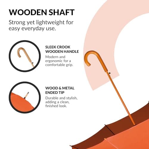 Jollybrolly Large Umbrella Orange| Wooden Walking Stick Umbrella, Crook Handle Large Canopy for Sun Protection Rainproof | Strongest Windproof Travel | Mens Umbrella Waterproof Long Stick — view 6
