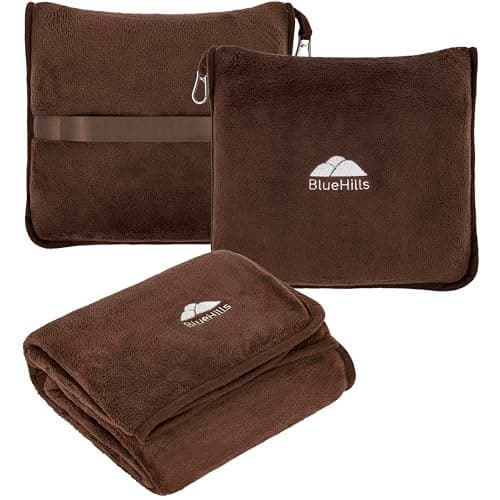 BlueHills Premium Soft Travel Blanket Pillow Airplane Blanket Soft Bag Pillow case with Hand Luggage Belt and Backpack Clip Compact Pack Large Blanket Throw Air Plane Flight Travel (Brown T009)