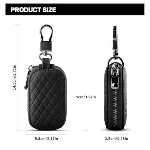 Car Key Fob Case,Genuine Leather Car Key Holder,Anti Scratch Key Holder Pouch,Waterproof Keychain Pouch with Keychain&Carabiner,Unisex-Adults Keyfob Protector for Smart Remote Fobs,Home Keys (Black) — view 2
