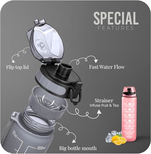 Roe Tenpo Water Bottle 1L, Sports Water Bottle with Time Markings, BPA-Free, Leak-Proof Drinks Bottle, Perfect for Running, Cycling, Gym, Yoga, Camping and Outdoor Activities, Pink — view 2