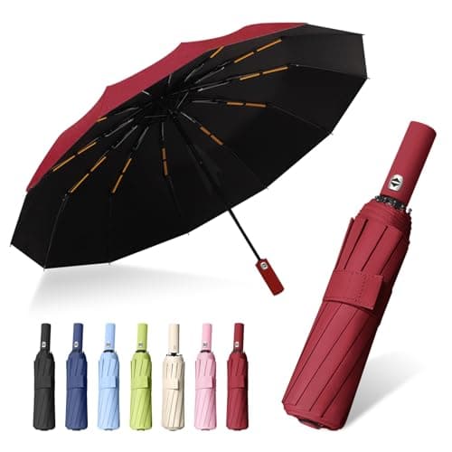 FANSEZQ ANSEZQ Windproof Travel Umbrella - Automatic Open Close, 24 Ribs Heavy Duty Compact Folding Umbrella, UV Protection Rain Umbrella for Men and Women (burgundy)
