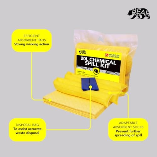 20L Spill Kits (Chemical) UK Manufactured, Yellow, Use for Spills Involving Aggressive Chemicals, Acids, Alkalis, For Indoor/Outdoor Use – On-the-go bag — view 4