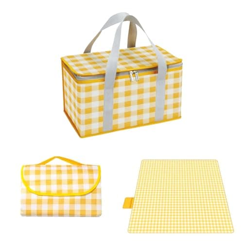 Insulated Picnic Baskets, 35 x 20 x 20 cm Cooler Bag Picnic Bag 15L with 150 x 200 cm Picnic Mat, Portable Waterproof Beach Bags for Hot or Cold Outdoor Activities