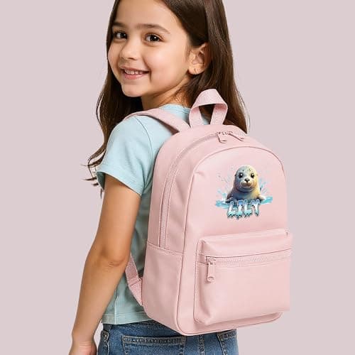 Purple Print House Kids Seal Custom Mini Backpack Personalised Name Back to School Nursery Bag for Boys Girls Toddlers New Term Gift, One Size, Olive Green — view 5