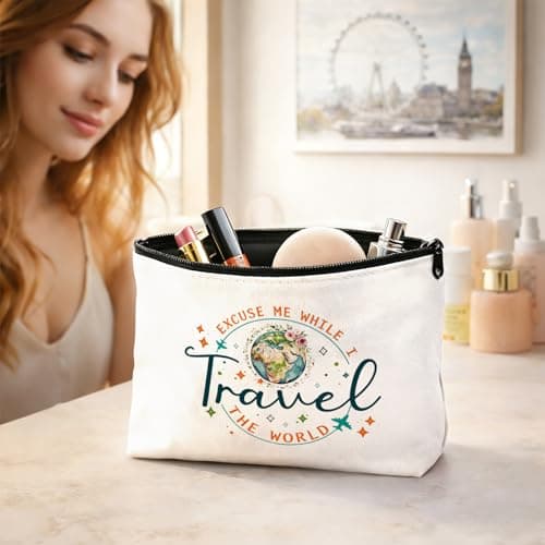 Travel Gifts for Women, Travel the World Makeup Bag, World Traveling Cosmetic Bag, Waterproof Organiser with Zipper Toiletry, Girls Make up Bag for Travelers Friends Flight Attendant Graduation — view 3