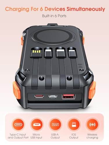 26800mAh Power Bank, 30W PD Fast Charging, Wireless Charger with 4 Built-in Cables, 3 Ports, LED Flashlights, Portable Battery Pack for Phones, Tablets, Camping (Orange) — view 2