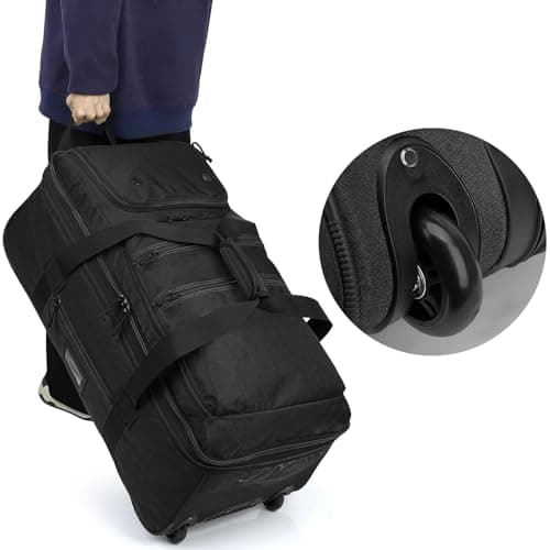 TAIHOYIN Large Foldable Duffle Bag with Wheels 85-100L Expandable Wheeled Holdall Extra Large Travel Rolling Duffel Bags for Men Women Collapsible Big Soft Luggage Camping, Black — view 6