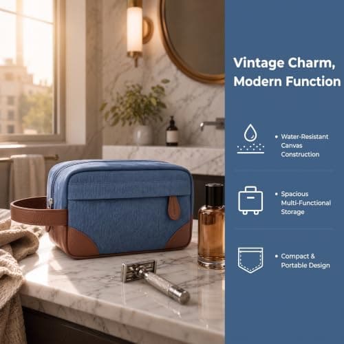 Vintage Canvas Toiletry Bag for Men, Water-Resistant Travel Wash Bag with Multiple Compartments, Portable Shaving Dopp Kit and Makeup Organizer for Holiday Essentials, Blue — view 4