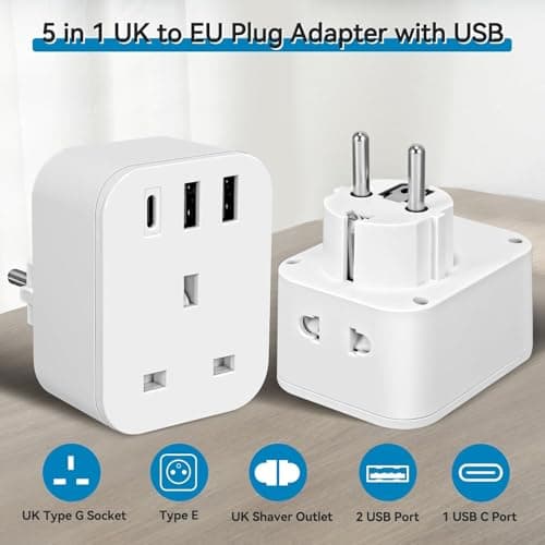 UK to European Plug Adapter with USB,UK to EU Euro Travel Adaptor with USB — view 2