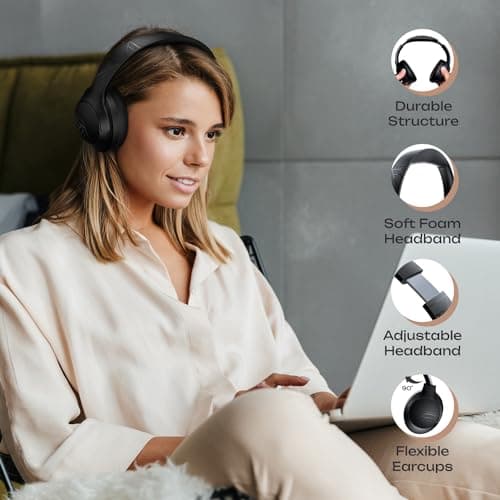 PowerLocus Bluetooth Headphones Over Ear, 50 Hours Playtime, 4 EQ Modes, Foldable Wireless Headphones with Microphone, HiFi Stereo, Lightweight & Wired Mode for Phone/Travel/PC (Black) — view 3