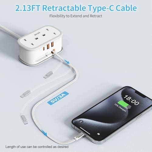 UK to US Plug Adapter with 1.5M Extension Cable, BEVA 2 Way 3 USB (2A+1C) Travel Adapter with Retractable USB C Cable for American, Thailand, Canada, Mexico, Type B — view 3