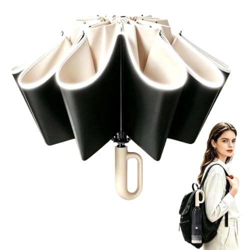 Sumlly Compact Inverted Umbrella with Carabiner Handle, 10 Ribs (Beige)
