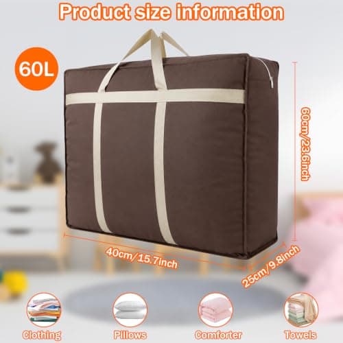 3 Pack 60L Heavy Duty Moving Storage Bags, Reinforced Handles Hold 60kg, Waterproof Storage Sacks with Strong Dual Zips, Foldable Organiser Moving Bags for Clothes, Bedding, House Moving (Brown) — view 2