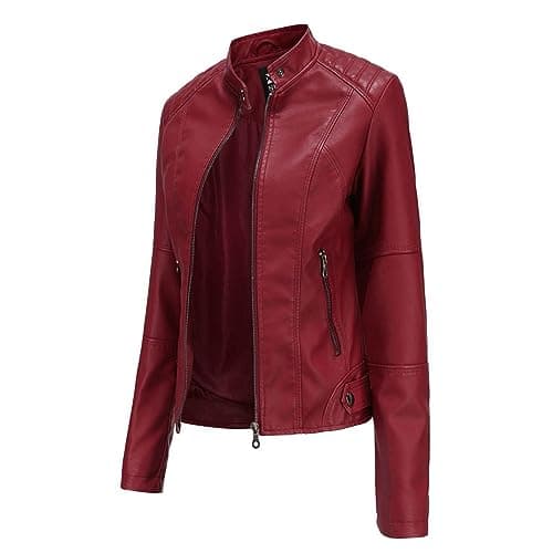 Faux Leather Jacket For Women Zip Up Moto Biker Classic Short Coat Slim Fit Long Sleeve Solid Color Stand Up Collar Women's Coat Lightweight Waterproof Jacket with Zipper Pocket
